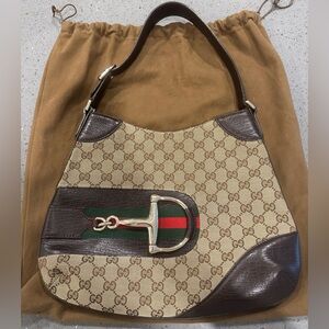 GUCCI Hasler Horsebit Web Striped Hobo Shoulder Bag Brown GG Canvas Bag